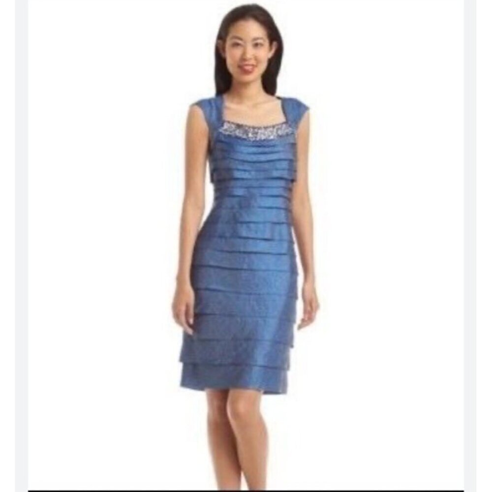 London Times Womens Size 6 Shimmer Blue Layered Rhinestone Neck Cocktail Dress